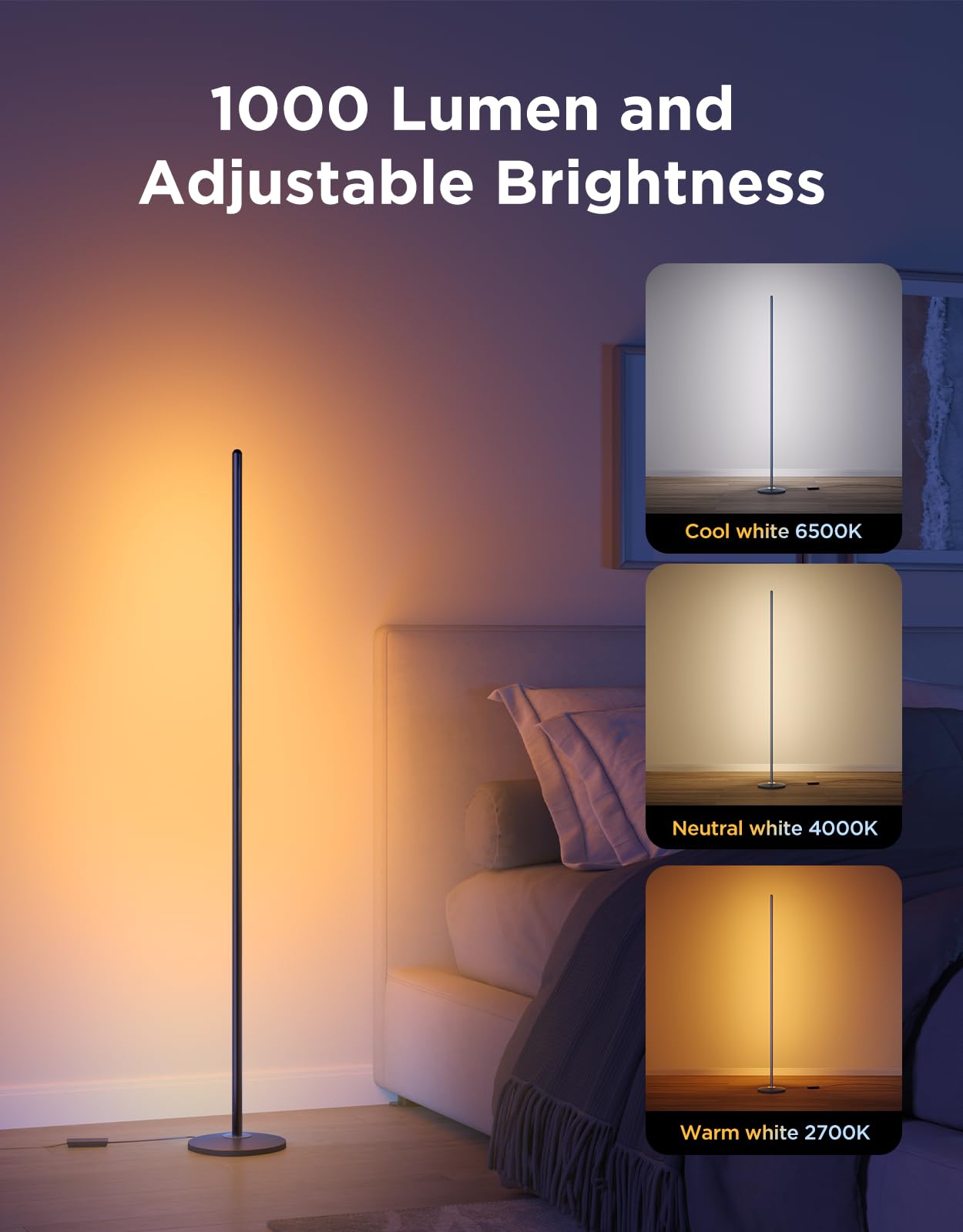 Govee RGBIC Floor Lamp Basic, 1000lm LED Corner Lamp Compatible with SmartThings, Alexa, and Matter, Modern Floor Lamp with Music Sync and 16 Million DIY Colors, Standing Lamp for Bedroom Living Room
