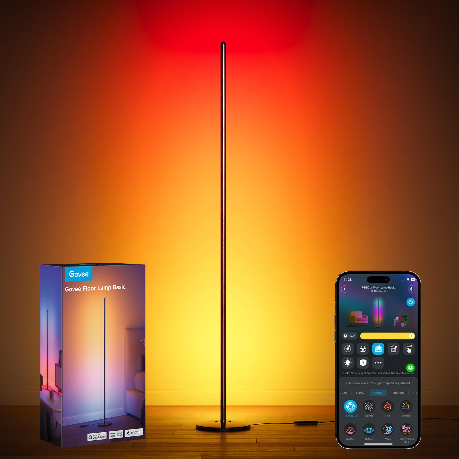 Govee RGBIC Floor Lamp Basic, 1000lm LED Corner Lamp Compatible with SmartThings, Alexa, and Matter, Modern Floor Lamp with Music Sync and 16 Million DIY Colors, Standing Lamp for Bedroom Living Room